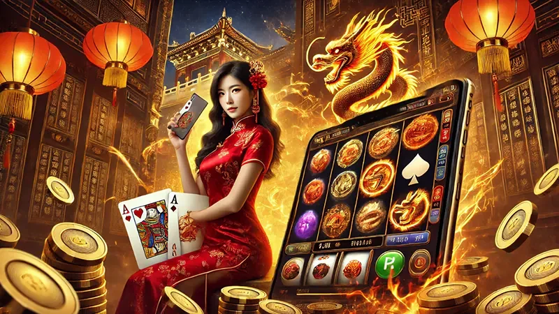 หน้าจอเกมสล็อตธีมแฟนตาซีพร้อมวงล้อและเอฟเฟกต์เกม